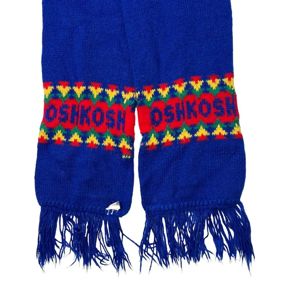 OshKosh VTG 80s Instaria Logo Fringe Winter Scarf Blue Red 5.5x52 Youth OS